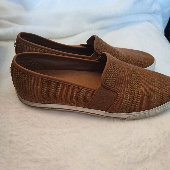 Ralph Lauren Women's 9.5B Brown Straw Sneaker Loafer Gold Logo Shoes Flats - Picture 4 of 10